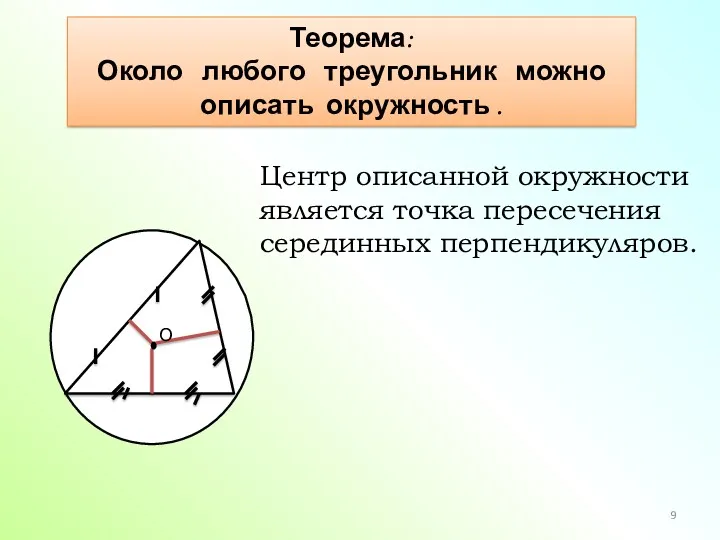 Теорема: Около любого треугольник можно описать окружность . Центр описанной окружности является точка пересечения серединных перпендикуляров.