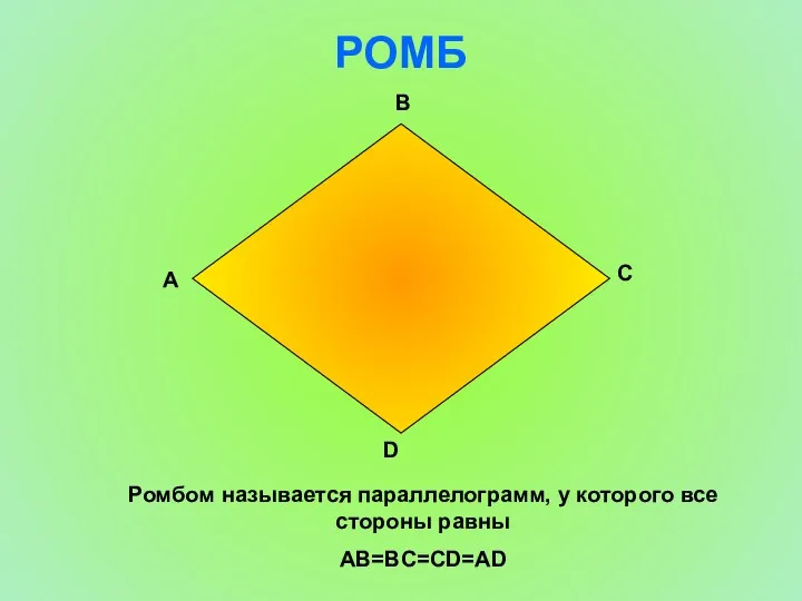 РОМБ Ромбом называется параллелограмм, у которого все стороны равны AB=BC=CD=AD A D C B