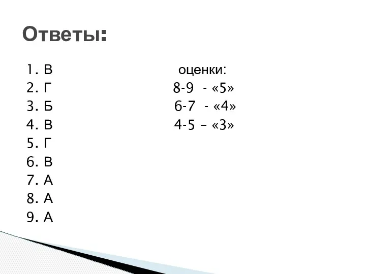 1. В оценки: 2. Г 8-9 - «5» 3. Б