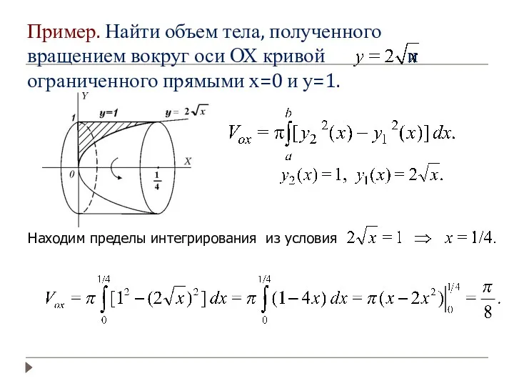 Находим пределы интегрирования из условия Пример. Найти объем тела, полученного