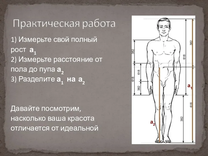 1) Измерьте свой полный рост а1 2) Измерьте расстояние от