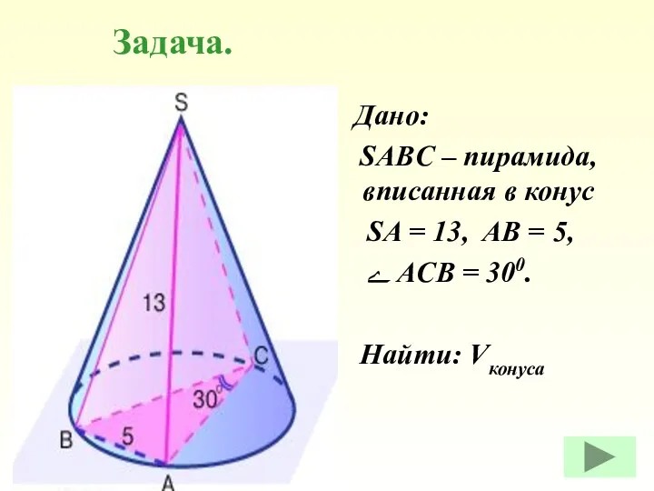 Дано: SABC – пирамида, вписанная в конус SA = 13,