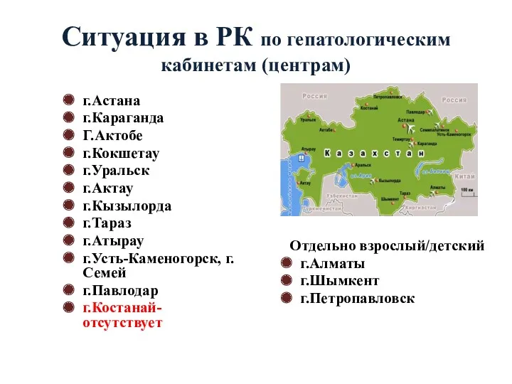 Ситуация в РК по гепатологическим кабинетам (центрам) г.Астана г.Караганда Г.Актобе