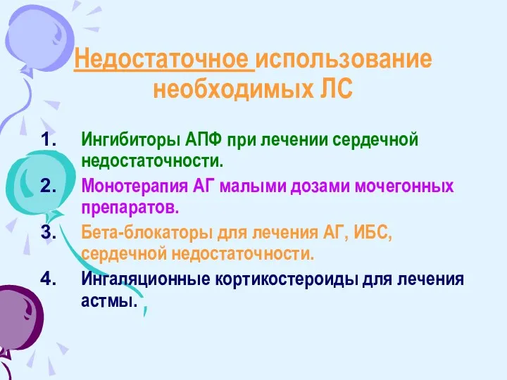 Недостаточное использование необходимых ЛС Ингибиторы АПФ при лечении сердечной недостаточности.