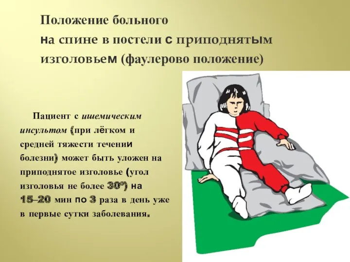 Положение больного на спине в постели с приподнятым изголовьем (фаулерово положение) Пациент с