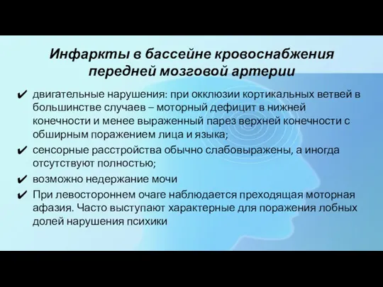 Инфаркты в бассейне кровоснабжения передней мозговой артерии двигательные нарушения: при окклюзии кортикальных ветвей