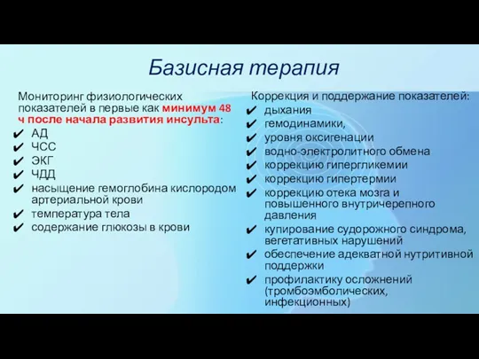 Базисная терапия Мониторинг физиологических показателей в первые как минимум 48