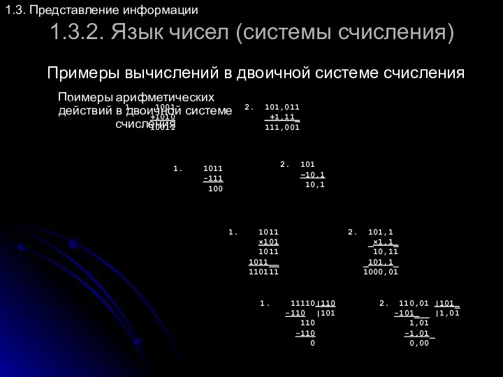 1.3.2. Язык чисел (системы счисления) Примеры арифметических действий в двоичной