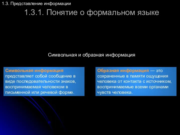 1.3.1. Понятие о формальном языке 1.3. Представление информации Символьная и образная информация Символьная