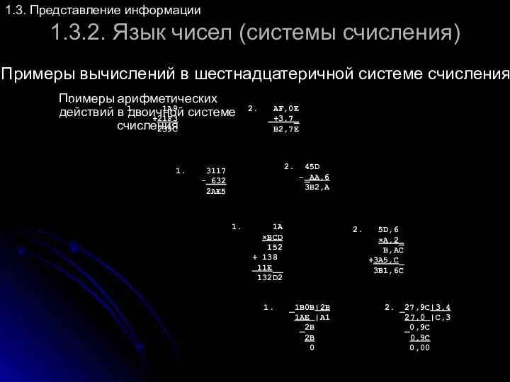 1.3.2. Язык чисел (системы счисления) Примеры арифметических действий в двоичной