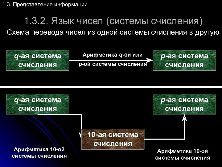 1.3.2. Язык чисел (системы счисления) 1.3. Представление информации Схема перевода чисел из одной