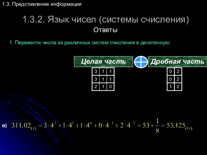 1.3.2. Язык чисел (системы счисления) 1.3. Представление информации Ответы 1. Перевести числа из