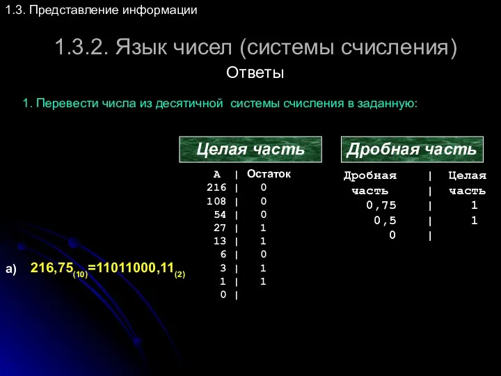 1.3.2. Язык чисел (системы счисления) 1.3. Представление информации Ответы 1. Перевести числа из