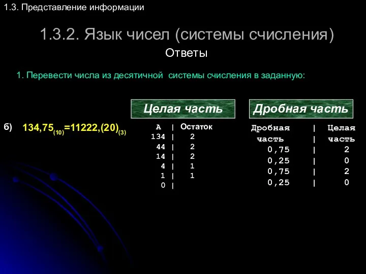 1.3.2. Язык чисел (системы счисления) 1.3. Представление информации Ответы 1. Перевести числа из