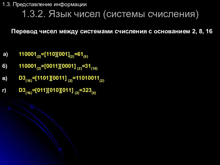 1.3.2. Язык чисел (системы счисления) 1.3. Представление информации Перевод чисел между системами счисления