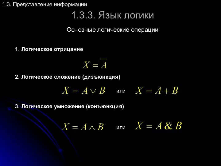 1.3.3. Язык логики 1.3. Представление информации Основные логические операции 1. Логическое отрицание 2.