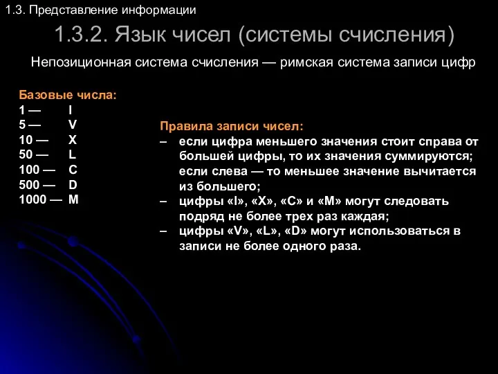 1.3.2. Язык чисел (системы счисления) 1.3. Представление информации Непозиционная система