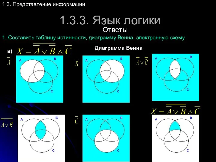 1.3.3. Язык логики 1.3. Представление информации Ответы 1. Составить таблицу истинности, диаграмму Венна,