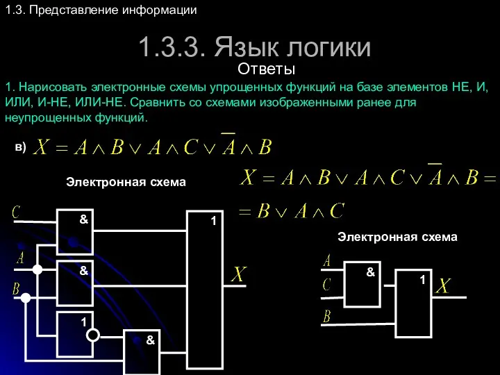 1.3.3. Язык логики 1.3. Представление информации Ответы 1. Нарисовать электронные схемы упрощенных функций