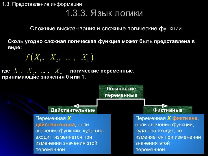 1.3.3. Язык логики Сложные высказывания и сложные логические функции 1.3. Представление информации Сколь