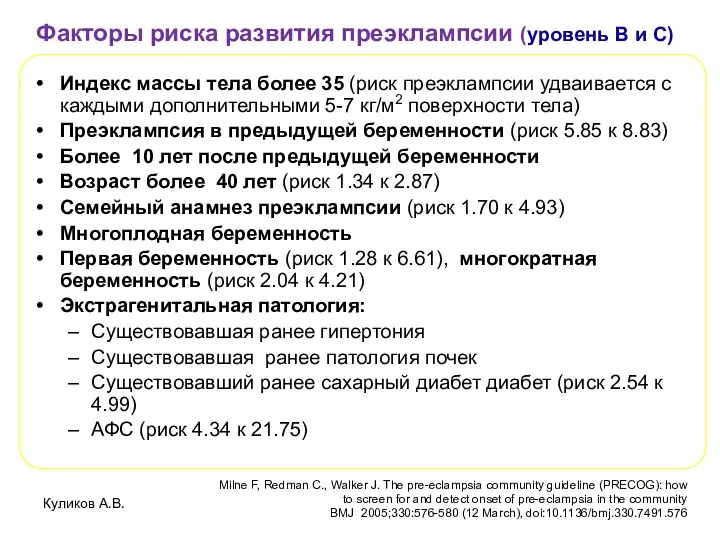 Куликов А.В. Факторы риска развития преэклампсии (уровень В и С)