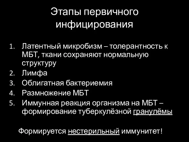 Этапы первичного инфицирования Латентный микробизм – толерантность к МБТ, ткани