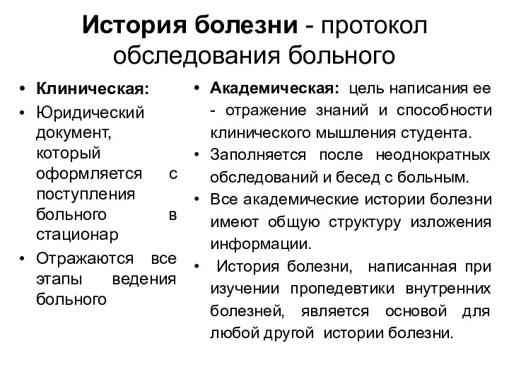 История болезни - протокол обследования больного Клиническая: Юридический документ, который