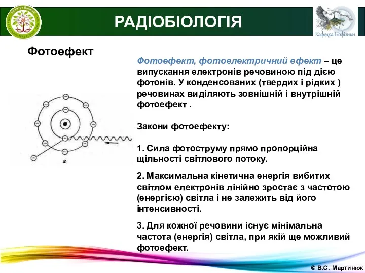 © В.С. Мартинюк РАДІОБІОЛОГІЯ Фотоефект Фотоефект, фотоелектричний ефект – це