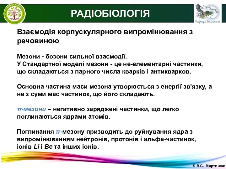 © В.С. Мартинюк РАДІОБІОЛОГІЯ Взаємодія корпускулярного випромінювання з речовиною Мезони