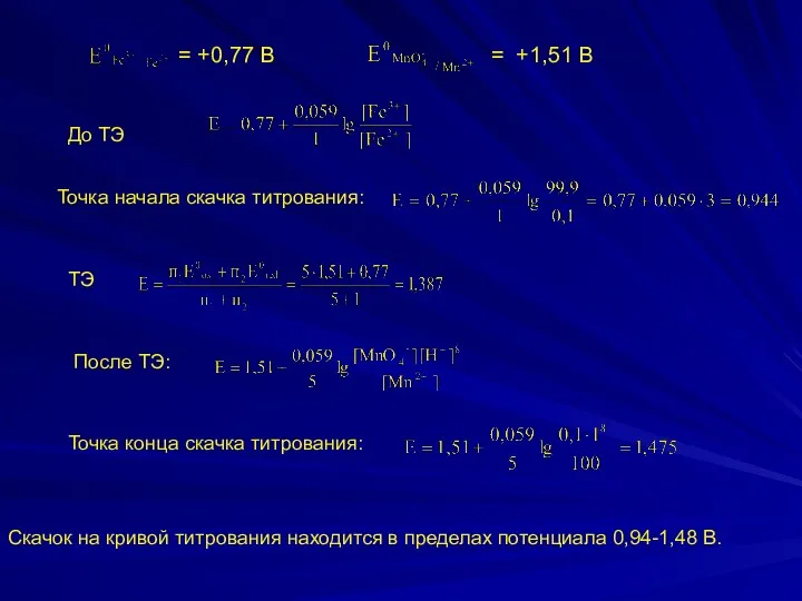 = +0,77 В = +1,51 В Точка начала скачка титрования: