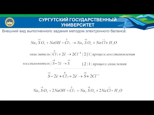 Внешний вид выполненного задания методом электронного баланса: СУРГУТСКИЙ ГОСУДАРСТВЕННЫЙ УНИВЕРСИТЕТ