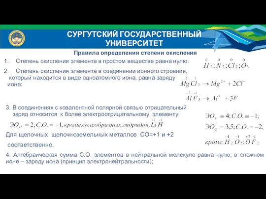 СУРГУТСКИЙ ГОСУДАРСТВЕННЫЙ УНИВЕРСИТЕТ Правила определения степени окисления Степень окисления элемента