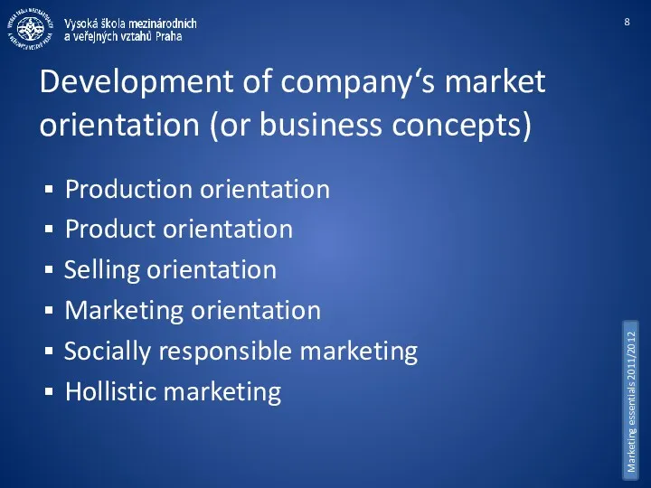 Development of company‘s market orientation (or business concepts) Production orientation