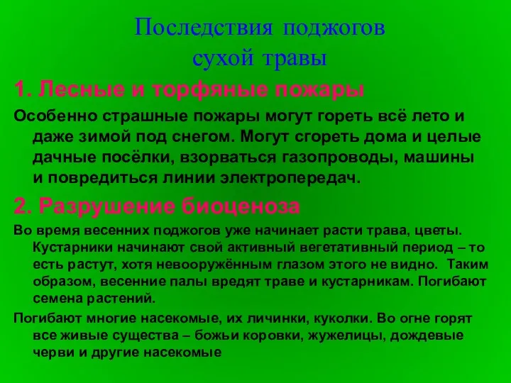 Последствия поджогов сухой травы 1. Лесные и торфяные пожары Особенно