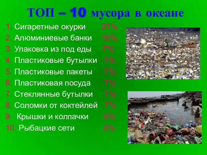 ТОП – 10 мусора в океане 1. Сигаретные окурки 27%