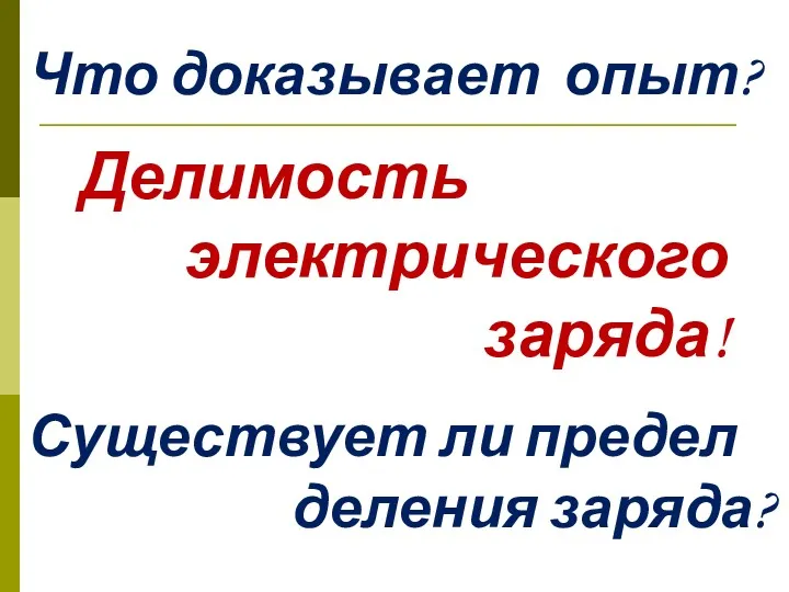 Делимость электрического заряда! Что доказывает опыт? Существует ли предел деления заряда?