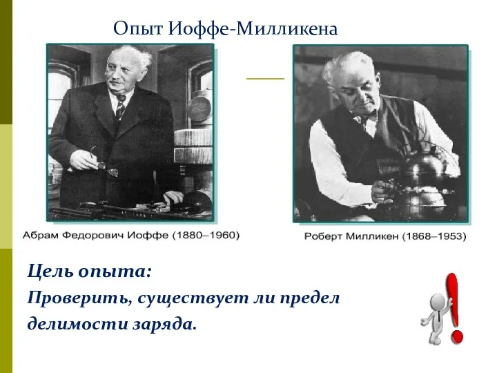 Опыт Иоффе-Милликена Цель опыта: Проверить, существует ли предел делимости заряда.