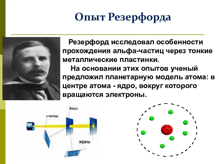 Резерфорд исследовал особенности прохождения альфа-частиц через тонкие металлические пластинки. На