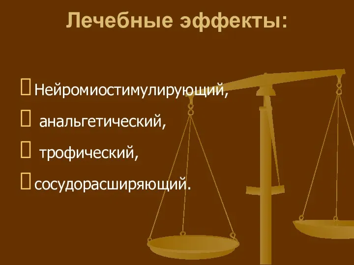 Лечебные эффекты: Нейромиостимулирующий, анальгетический, трофический, сосудорасширяющий.