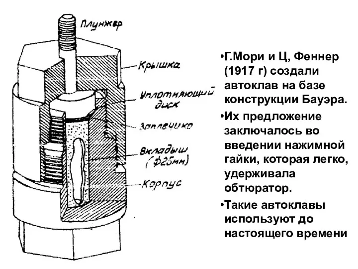 Г.Мори и Ц, Феннер (1917 г) создали автоклав на базе конструкции Бауэра. Их