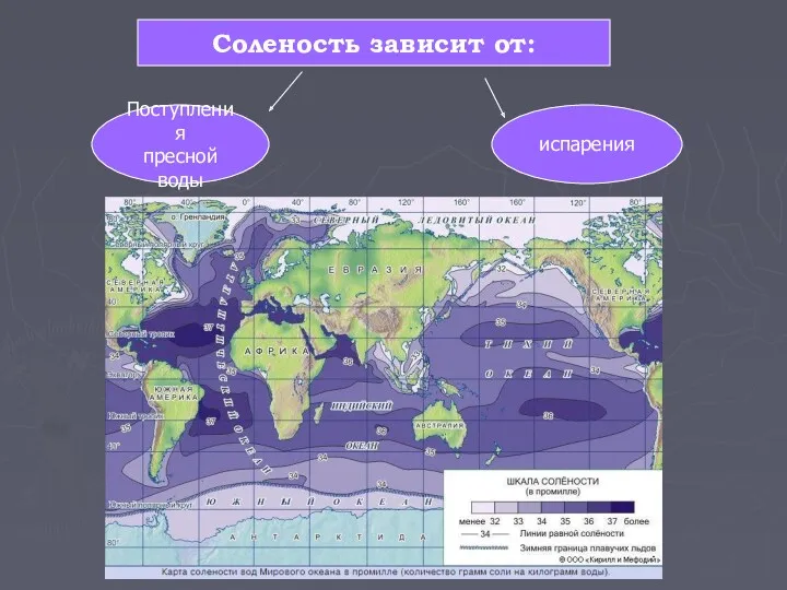 Соленость зависит от: Поступления пресной воды испарения