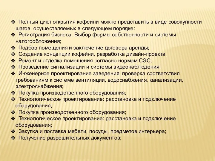 Полный цикл открытия кофейни можно представить в виде совокупности шагов,