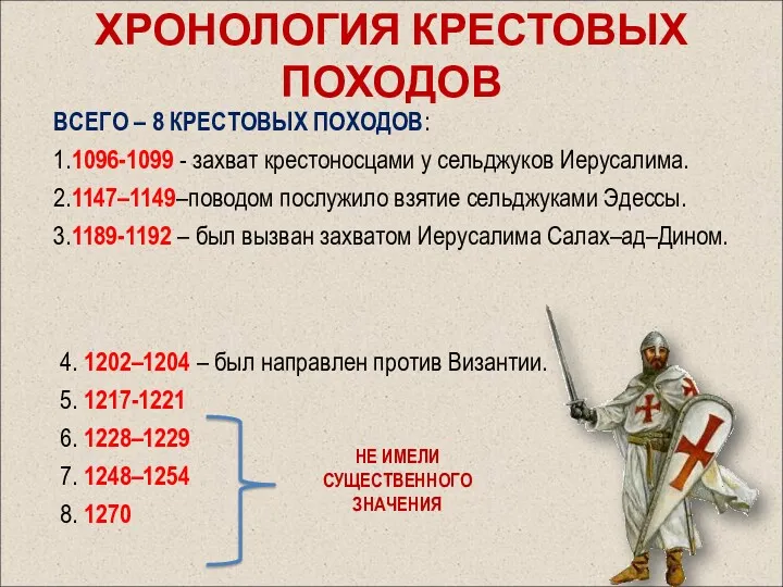 ХРОНОЛОГИЯ КРЕСТОВЫХ ПОХОДОВ ВСЕГО – 8 КРЕСТОВЫХ ПОХОДОВ: 1.1096-1099 -