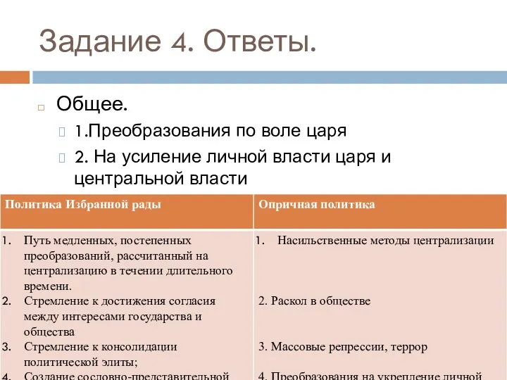 Задание 4. Ответы. Общее. 1.Преобразования по воле царя 2. На