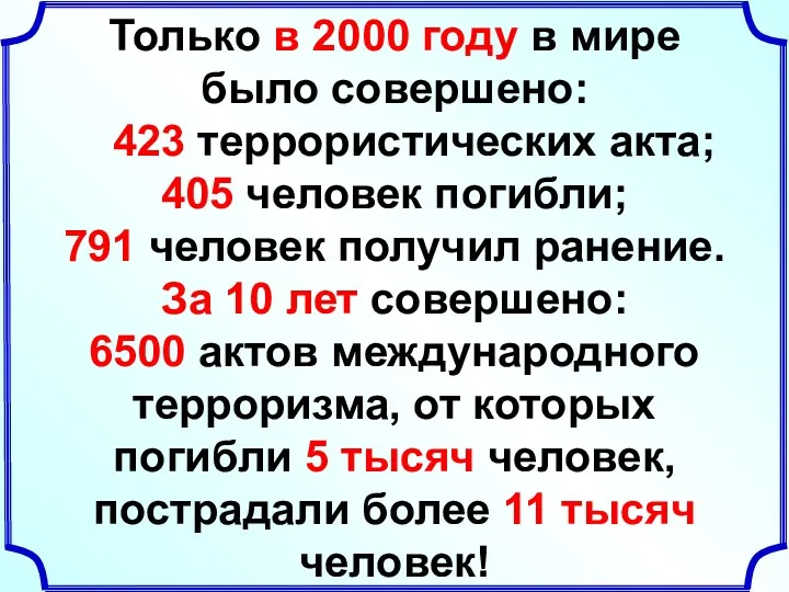 Только в 2000 году в мире было совершено: 423 террористических