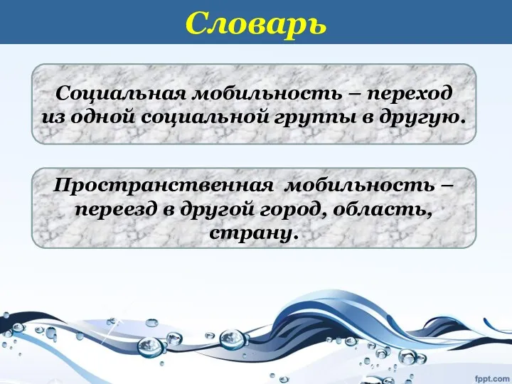 Словарь Социальная мобильность – переход из одной социальной группы в