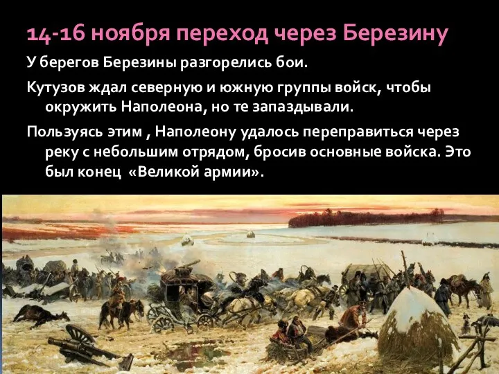 14-16 ноября переход через Березину У берегов Березины разгорелись бои.