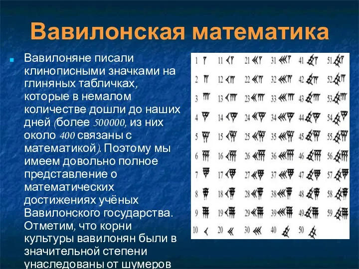Вавилонская математика Вавилоняне писали клинописными значками на глиняных табличках, которые