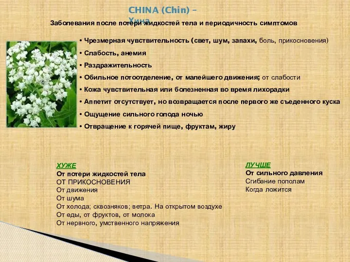 CHINA (Chin) – Хина Заболевания после потери жидкостей тела и