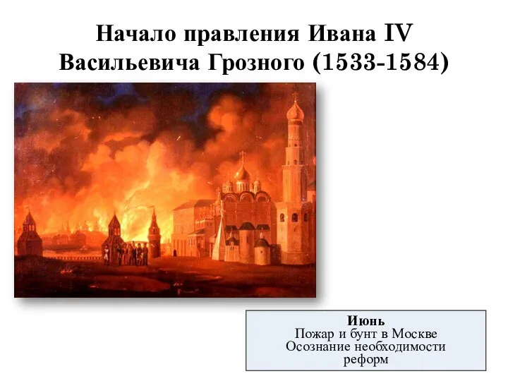 Начало правления Ивана IV Васильевича Грозного (1533-1584) Июнь Пожар и бунт в Москве Осознание необходимости реформ